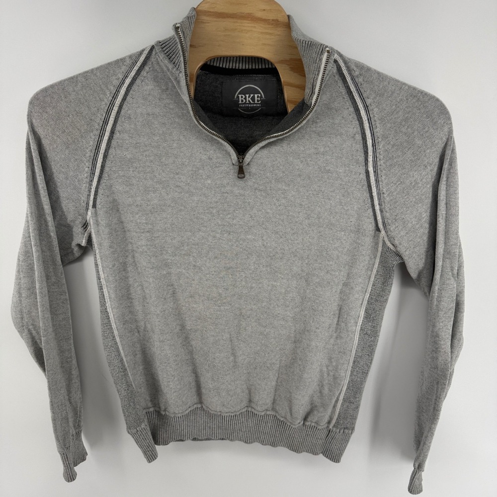 BKE Men Large Gray 100% Cotton Athletic Fit Quarter Zip Mock Neck Sweater Raglan